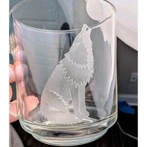 Vintage‎ Colony Glass Hand Etched Wolf Howling Moon Tumbler cup Signed 1993